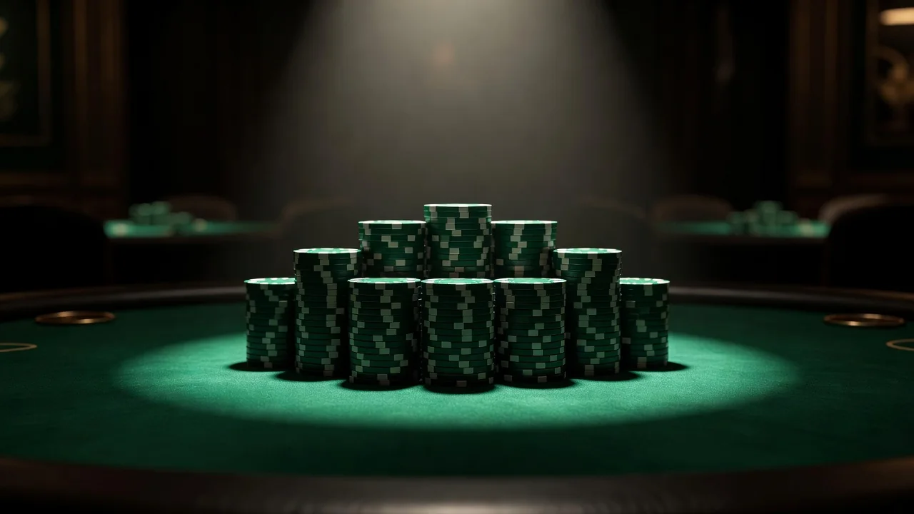 Dark green casino chips stacked on green felt in soft light