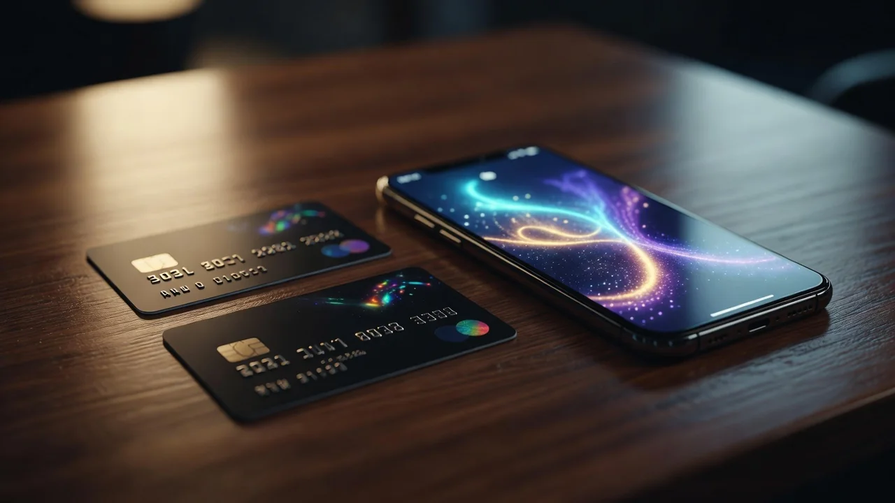 Credit cards and a smartphone wallet app on a wooden desk