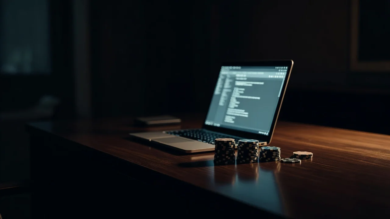 Casino chips stacked next to a glowing laptop on a dark desk