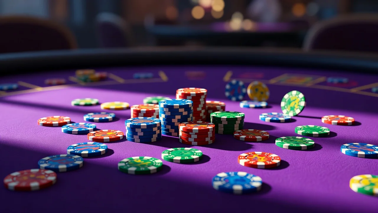 Bright casino chips scattered across a purple-lit table