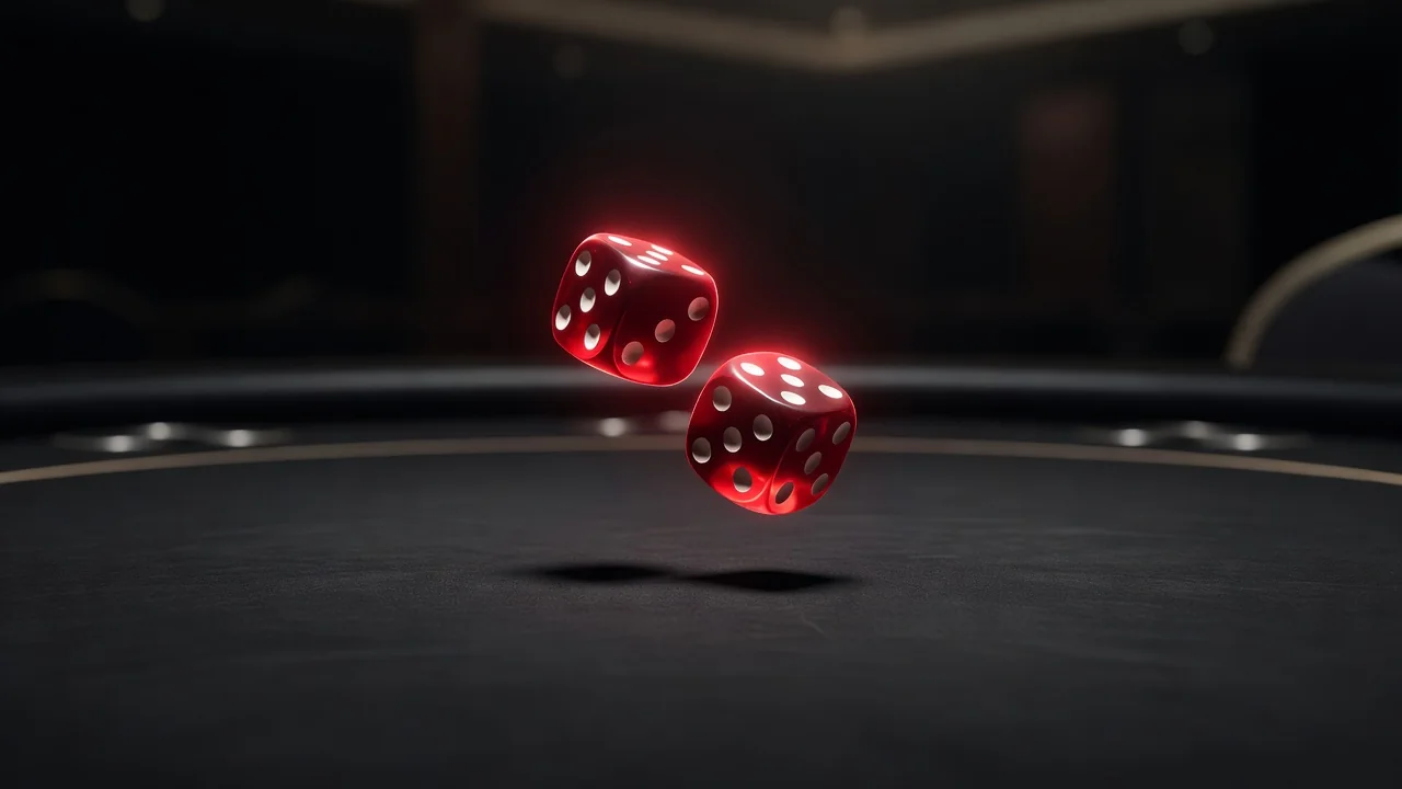 Two red dice tumbling across a black casino table