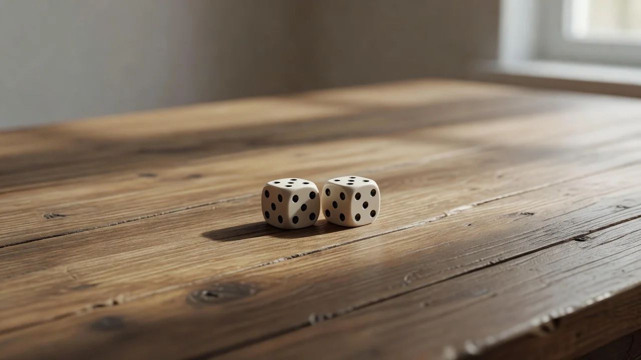 Single pair of dice resting on an empty table in soft daylight
