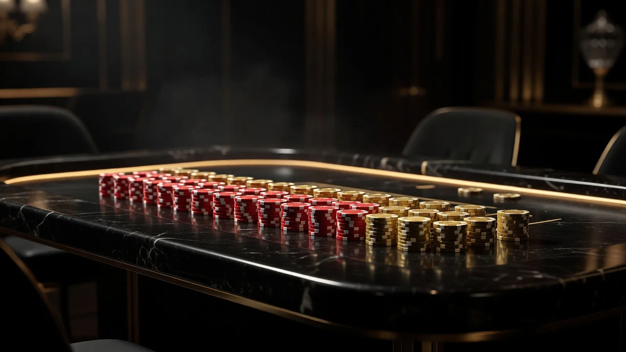 Red and gold casino chips arranged on black felt