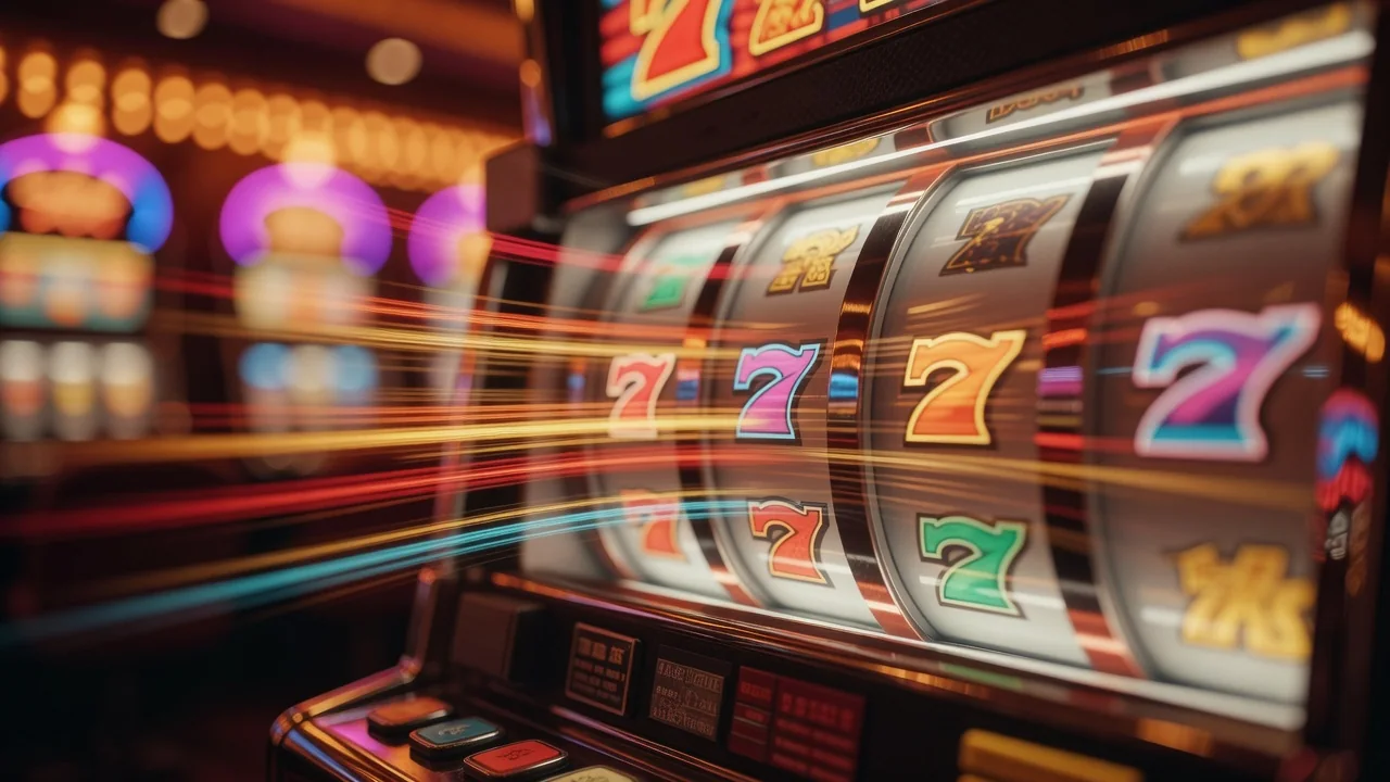 Slot machine reels close-up with blurred symbols in warm light