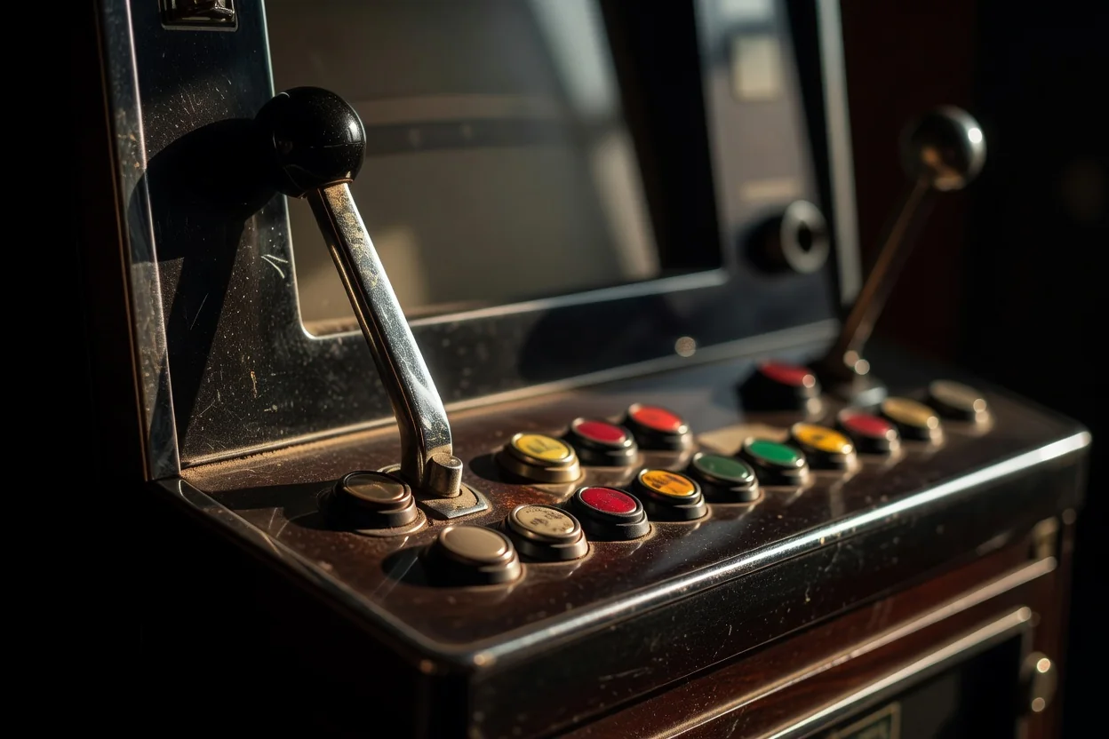 Old mechanical slot machine lever in dramatic side light